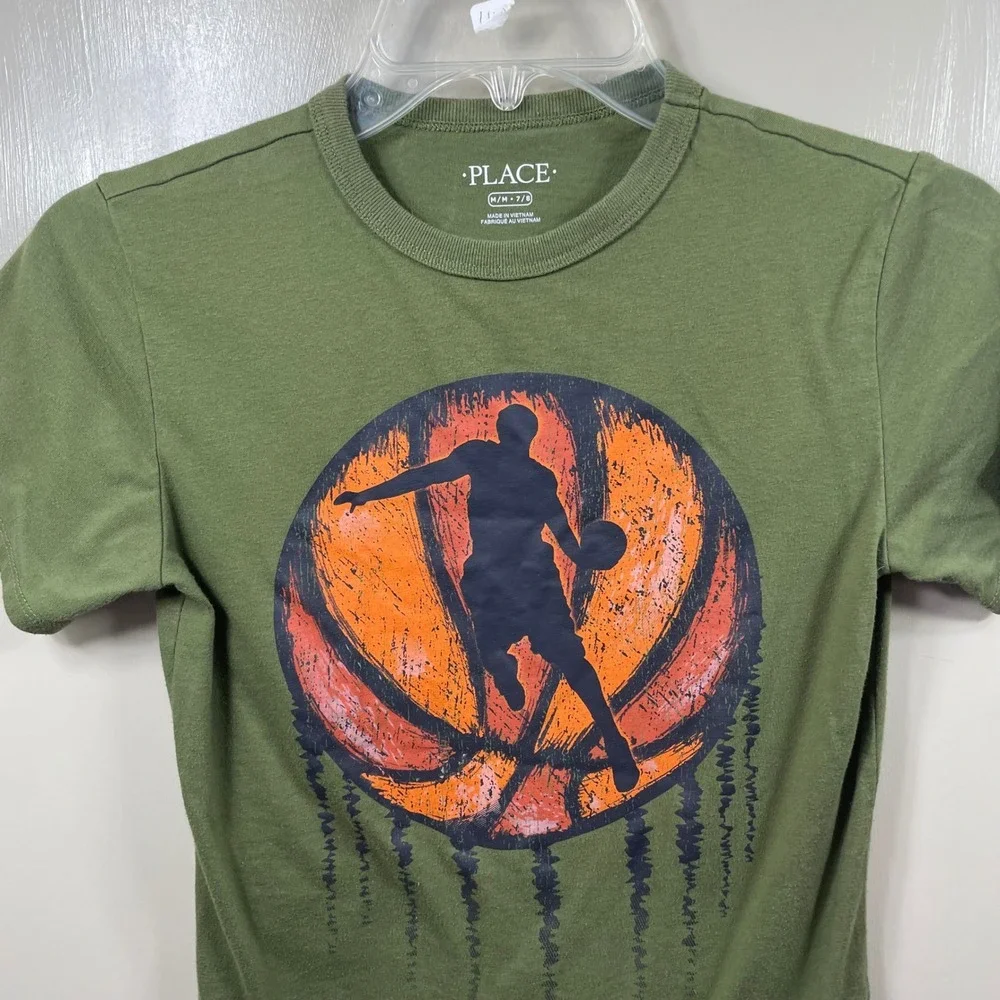 The Childrens‎ Place Boys Olive Green Basketball Graphic Tee Shirt Size M 7/8